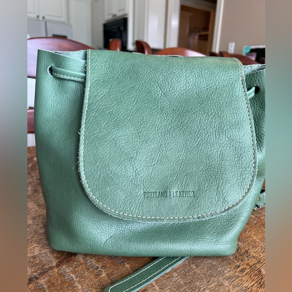 Portland leather goods bucket backpack in Eucalyptus
